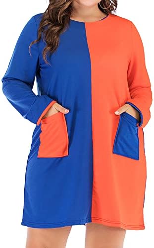 Женски обичен тркалезен врат со долга ракав цврста боја Контрастни бои плус големина лабава миди фустан со џебови