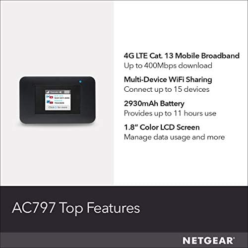 Netgear Mobile Wi-Fi Hotspot, 4G LTE рутер AC797-100NAS, брзина на преземање од 400Mbps, поврзете се до 15 уреди, креирајте WLAN каде било,