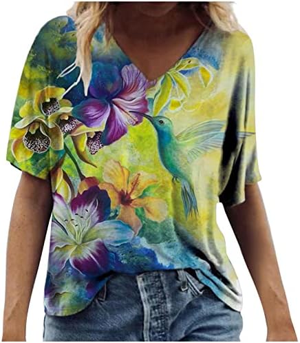 Летни женски маички маички гроздобер цветни печатени врвови со краток ракав плус големина V вратот обични маици лабави основни маички