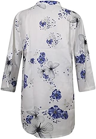 Женски цветни кошули мода 3/4 ракави копче нагоре стојат јака со средна должина лабава обична маичка кошула Туника блуза Топ