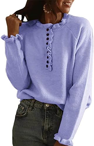 Женски џемпер на вратот на екипажот со долги ракави цврсто копче засилен плетен пулвер скокач на врвовите на естетските кошули на Y2K