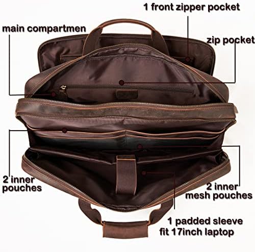 Кожа лаптоп торба од 17 инчи, лаптоп куќиште за чанти за месинџер, каиш за багаж, целосна кожна вреќа со кожни делови, мажи ретро кафеава