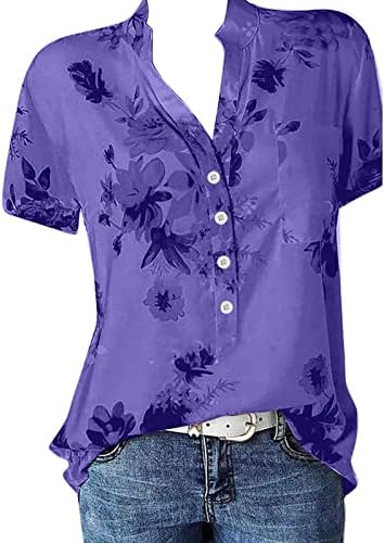 2023 женски летни врвни деловни куќи со обични блузи со кратки ракави цветници за печатење на цветници против вратот Хенли фустани маичка со