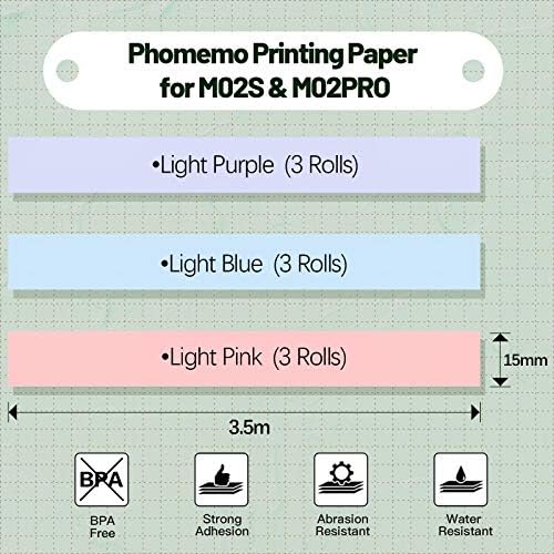 Фомемо 9 Ролна 15мм Леплива Термичка Хартија За Phomemo M02S/M02 Pro Печатач, Виолетова/Светло Сина/Светло Розова Налепница Хартија