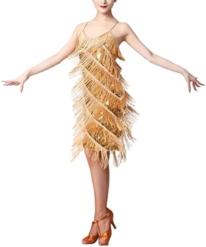 Womenените Sequin Tassel Flapper фустан без ракави, јака, искра, латински фустани Салса Ча-Ча џез танцови костуми