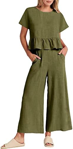 Mikeенски панталони жени 2 парчиња облека за жени 2023 летни кратки ракави култури врвови широки панталони за нозе поставени жени