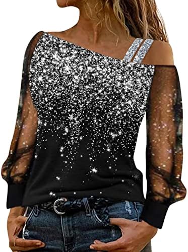 Божиќна мрежа Долги ракави ладни раменици маички за женски отпечатоци секси врвови кошули Обични асиметрични роса рамо