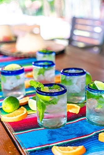 ЕМПОРИОН Во собата на 6 Рачно Разнесени Чаши Од Мексико Со Кобалт Сини Раб-Рустикален &засилувач; Рачно Изработени Рециклирани Стакла За Пиење