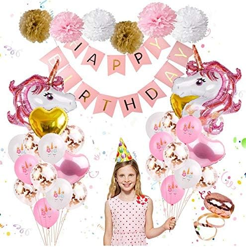 Декора за роденденски украси на еднорог за девојки, принцеза розова партија за еднорог забава, големи балони со еднорог розово бело еднорог