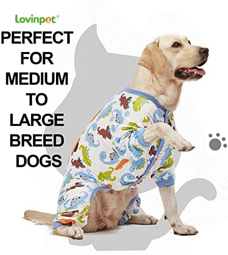 Ловинпет големи пижами на кучиња, стил на печатење во диносаурус/УВ заштита/Пост хирургија/олеснување на анксиозноста, лесна тежина Голема