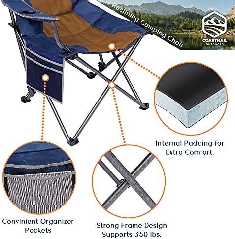 Coastrail Outdoor Linking Camping Chop 3 Позиција за преклопување на тревници за возрасни за удобно камп стол со држачи за чаши, торба со глава