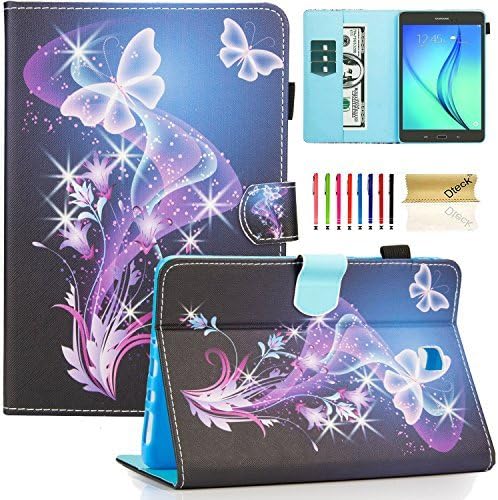 Случај за Дтек за Samsung Galaxy Tab A - тенок лесен пун -кожен штанд паричник флип симпатична покривка од пеперутка со стилус
