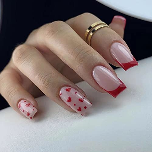 Краток ковчег печат на нокти Француски розови срца бели балони со сјајни лажни нокти Акрилен лепак Целосно покритие украси за нокти за жени