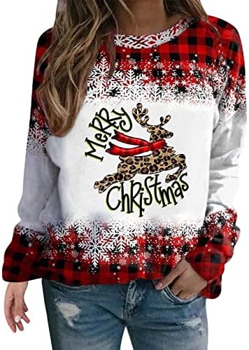 Грд Божиќен џемпер за жени кошули со долги ракави лабави џемпери на екипажот карирани снегулки лак од виножито маица