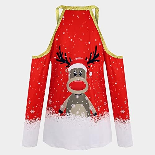 Beumенски женски Божиќ-маици за вратот на вратот, Божиќ, ладно рамо, долги ракави врвови, обични 3Д графички пулвер џемпери