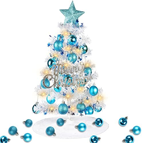 60см мини новогодишна елка, вештачка елка со висечки украси, здолниште на новогодишна елка, Божиќна топка десктоп Божиќно дрво за дома, кујна, трпезариска маса DIY Бож