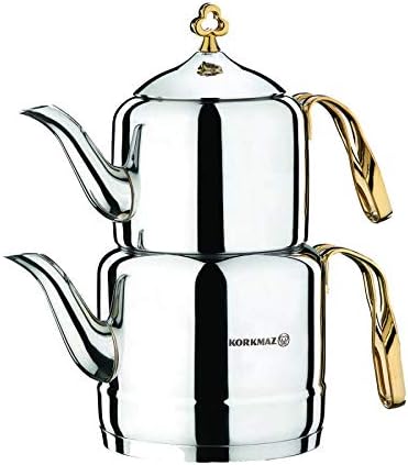 Коркмаз A212 Цинтемани Турски чајник сет за Стоветоп, производител на двоен чај од 18/10 не'рѓосувачки челик со рачки отпорен