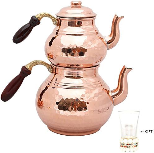 Сет од 2 чајници со капаци и рачка од дрво, бакарни чајници, зачукуван тенџере со чај од бакар, турски чај, бакарен тенџере