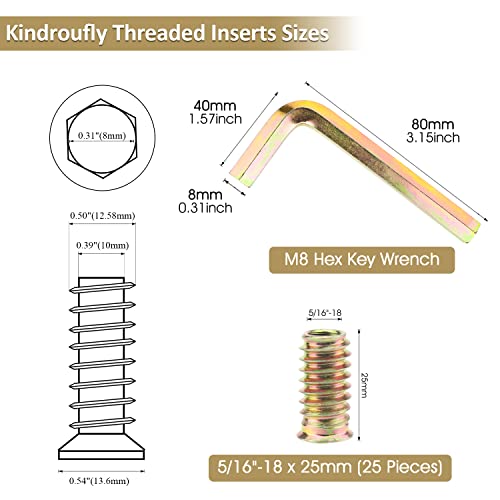 KindRoufly 5/16 -18 x 25мм навојни инсерти, вметнувања од ореви, вметнувања од дрво, цинк позлатен јаглероден челик, 5/16-18-от прочитани инсерти