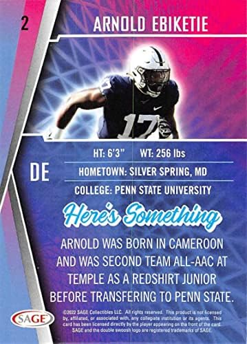2022 Sage ниска серија злато #2 Arnold Ebiketie Penn State Nittany Lions RC RC Rookie Football Trading Card