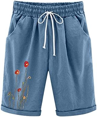 Постелни панталони за жени со цветни печати шорцеви женски панталони со должина на коленото удобни џемпери на дното на половината со џеб
