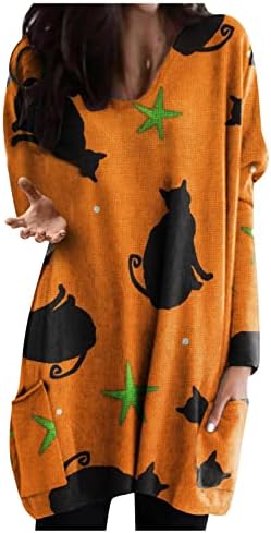 Есен кошула Компасуална печатена тркалезна врат пулвер со долг ракав џеб MIDI Ноќта на вештерките врвни тренинзи за жени за жени