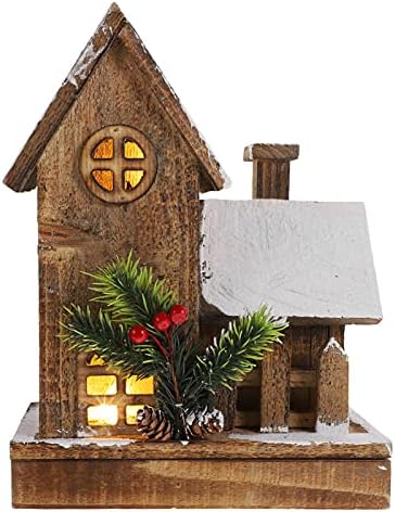 Божиќни осветлени куќи дрвени снежни куќи, селска куќа во селска куќа, водеа светло осветлување на вила кабина фигура за празник Божиќна