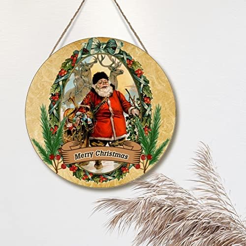 Божиќен круг знак француски стил старо време Декор декор на wallид, гроздобер Божиќ Дедо Мраз, дрвен wallиден плакета Среќна