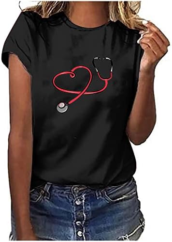 Летни врвови за жени обични медицински сестри маички 2023 модна графичка ЕКГ печатење облека Краток ракав Основни маички за вратот