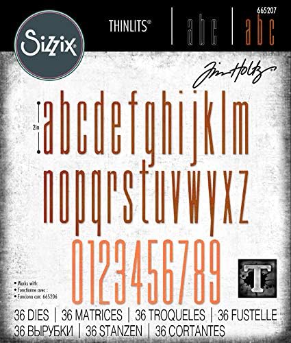 Sizzix Thinlits Die 665207 Алфанумерички истегнување пониски и броеви од Тим Холц 36 пакет, разнобојно