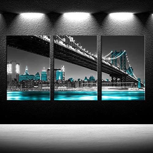 Inge Foto црно и сино платно печати за домашна декорација 3 панели Newујорк Сити Менхетен Скај, ноќе, обележје сликарство wallидна уметност