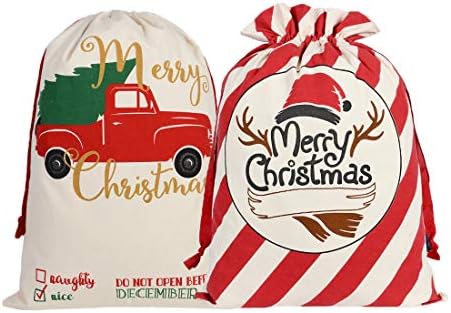 Божиќни вреќи со санта 2 парчиња персонализирани торби со вреќи со санти, големи XMAS претставува торби со влечење на еднократно платно за платно