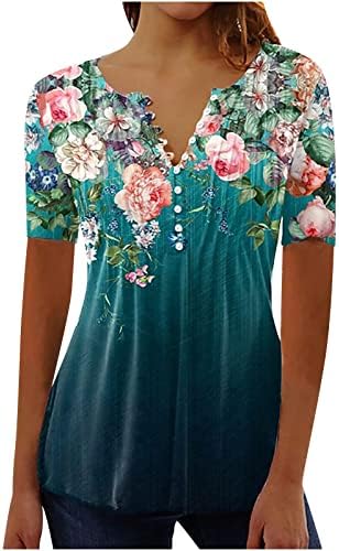Женски 2023 лето есен цветни печатени врвови на капчиња чипка трим v вратот 3/4 ракави маици обични презаситени маички