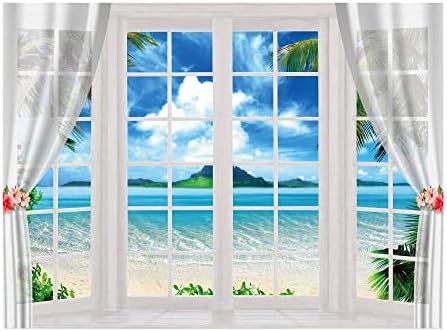 Allenjoy 8x6ft Лето Плажа Прозорец Позадина Хавајски Тропски Фотографија Позадина Океанот Островот Палма Остава Луау Партија Банер