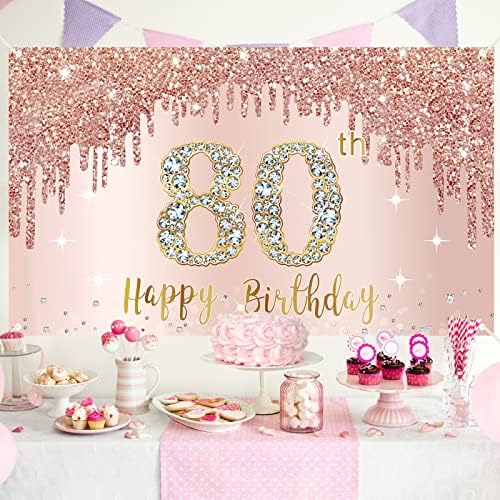 Среќен 80-Ти Роденден Банер Позадина Украси За Жени, Розово Злато 80 Роденден Знак Материјали, Розова 80 Годишниот Роденден