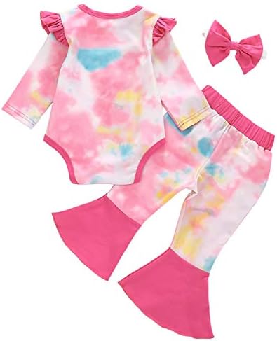 Коралуп бебе девојчиња врзаат боја 3 парчиња облека Ruffle Bell-Bottom Romper и панталони поставени со лента за глава 0-24 месеци