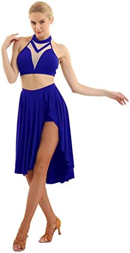 Iiniиним женски девојки лирски танцов костум фустан запрена вратот 2 парче модерно танцување високо ниско здолниште