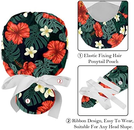 Црвени цвеќиња Тропски растенија Палми лисја Работно капаче со копчиња долга коса Еластична лента вратоврска за вратоврска за жени