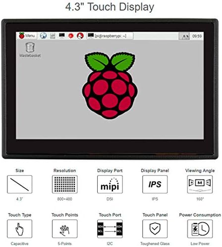 Bicool 4.3 инчен Dsi Капацитивен LCD Со Случај За Малина Pi 4B/3B+/3B, Зацврстено Стакло Mipi DSI Интерфејс Дисплеј 800x 480, Поддршка Raspbian/Ubuntu/Кали