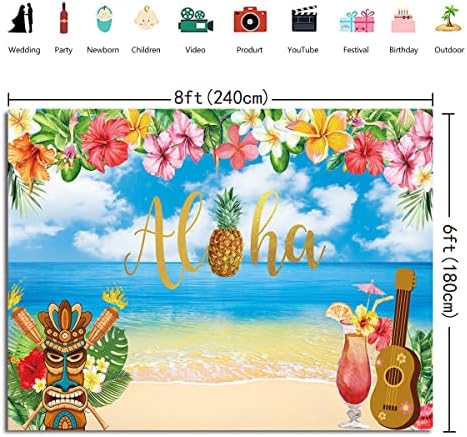 Лето Алоха Луау забава позадина Хаваи Плажа Фотографија Позадина сино небо океански палм лист Фото декорација Банер десерт маса бебе