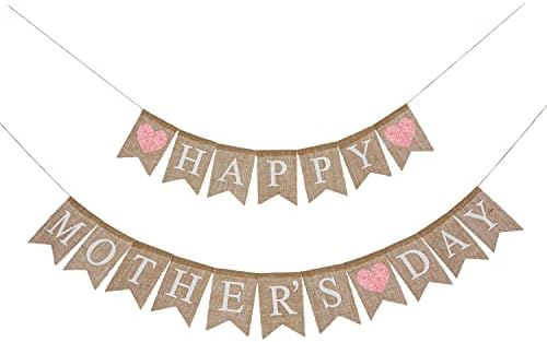 Среќен Ден На Мајката Бурлап Банер Со Розово Срце, Среќен Ден На Мајката Венец, Рустикален Бурлап Бантинг Венец, Украси За Забави На