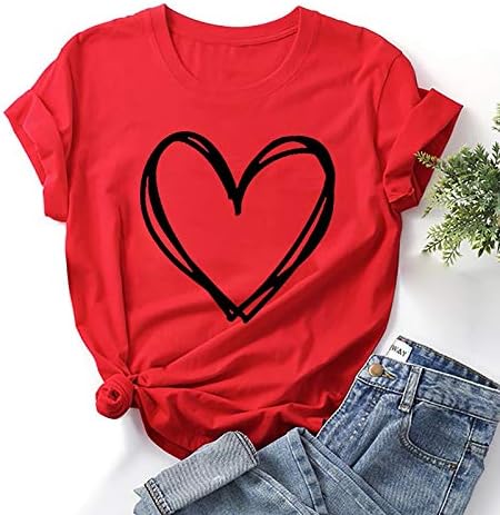 Жените Денот На Вљубените Краток Ракав Маици Врвот Срцето Графички Пуловери Плус Големина Солидна Повик Летни Маици За Дама
