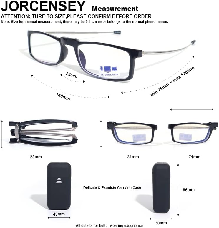 JORCENSEY 3 Пакет Преклопни Очила За Читање Сина Светлина Блокирање Со Мини Пренослив Клип Случај Мажи Жени Мали Читатели Пролет