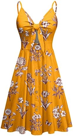 Завиткајте фустани за жени женски модни цветни ракави без ракави v вратот вратоврски јазол предниот шпагети жена лето