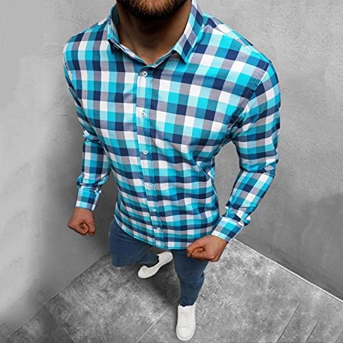 Xxbr Машки карирани кошули со долги ракави пад на модата Проверка на обична кошула за свртување на јака, тенок вклопувачки кошули