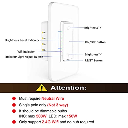 LESIM Smart Wi-Fi Dimmer Switch 2gang компатибилен со Alexa и Google Assistant, единечен пол, има потреба од неутрална жица