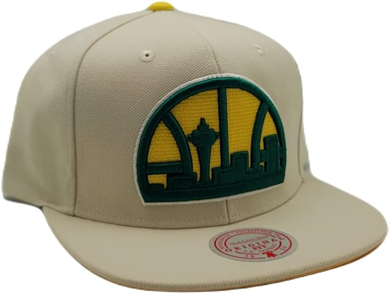Mitchell & Ness Seattle Supersonics Sonics Нова беж жолто зелена ера, капа капа за капа