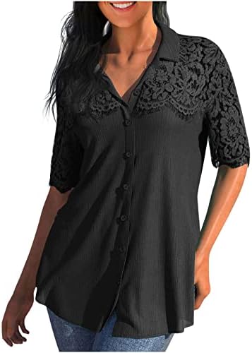 Womenенски копче надолу кошули чипка половина ракав блузи плус големина лабава каузална туника врвови летни облеки за облеки за
