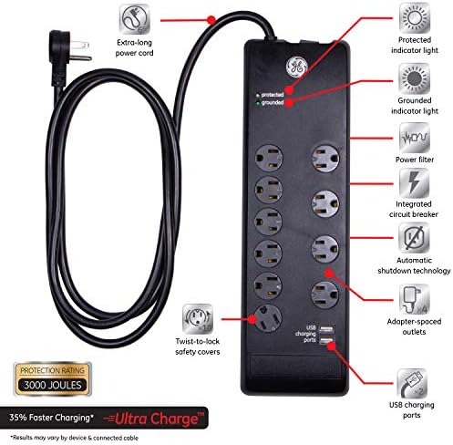 GE 4-Outlet Surge Protector, 2 USB порти, кабел за напојување од 6 стапки, 450 ouулес, 37465 & GE Ultrapro 10-Outlet Surge Protector,