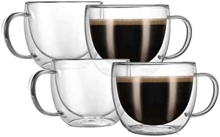 Чаши За Кафе Со Двоен Ѕид CNGLASS 8oz, Проѕирни Изолирани Стаклени Чаши За Еспресо Со Рачка За Лате, Капучино, Кафе, Комплет од 4